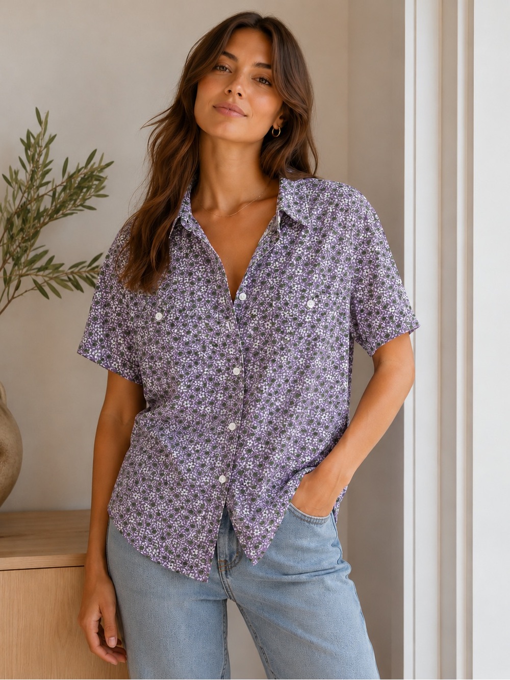 Barneys New York Women's Purple Floral Short Sleeve Button-Up Blouse
